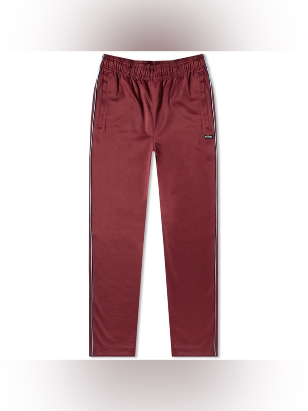 Stussy Men's Burgundy Maroon Poly Track Pants w/Side Grey + White Stripes, M